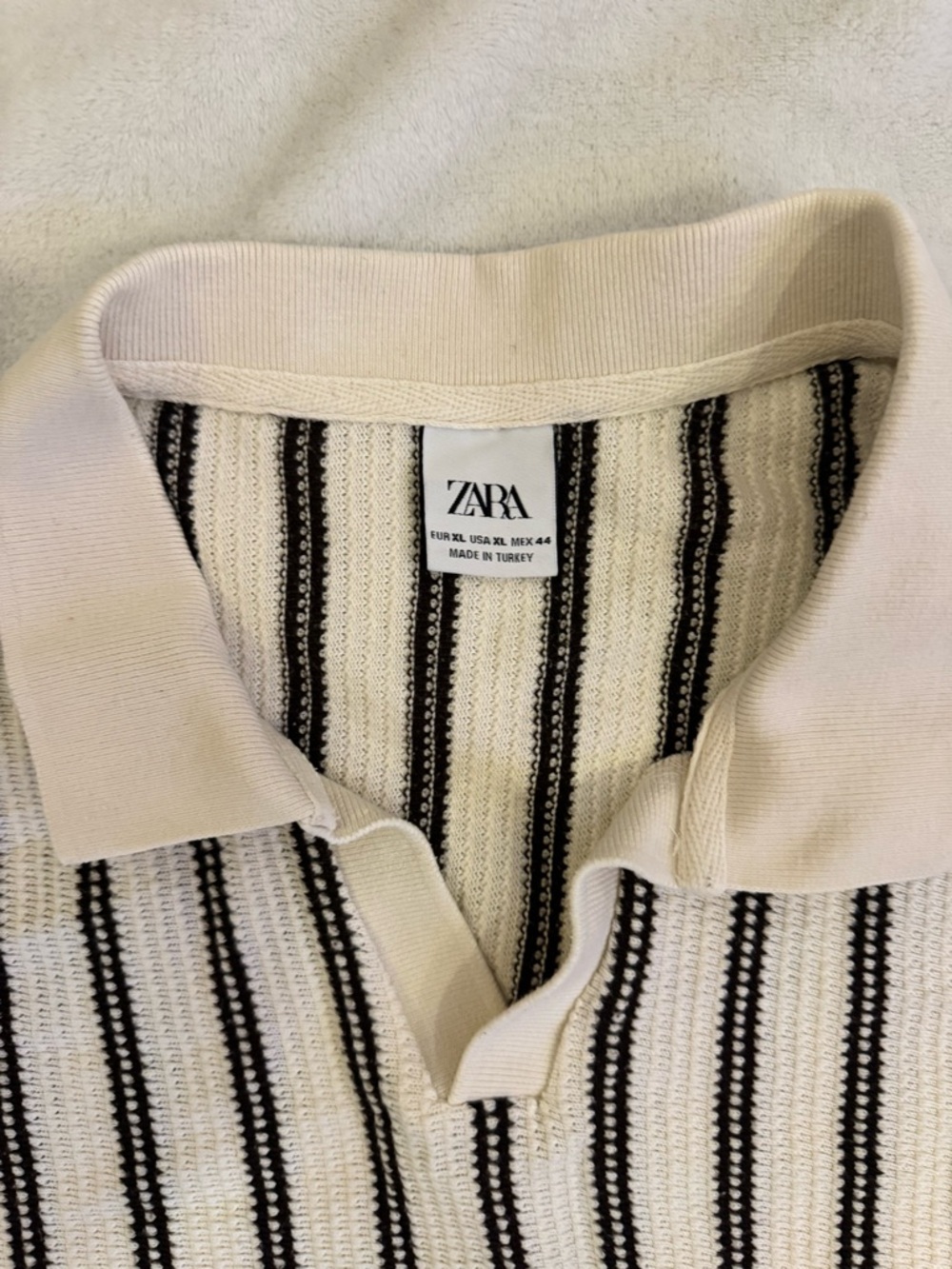 Zara Vertical-Striped Knit Polo in Cream and Brown- XL - Picture 2 of 2